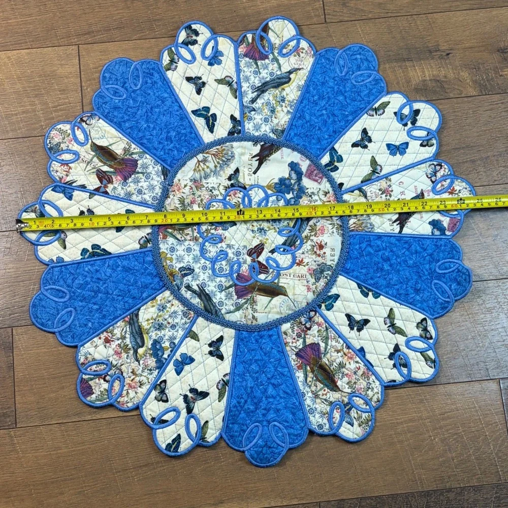 Handmade Reversible Quilted Round Table Topper Birds Butterflies Floral 25